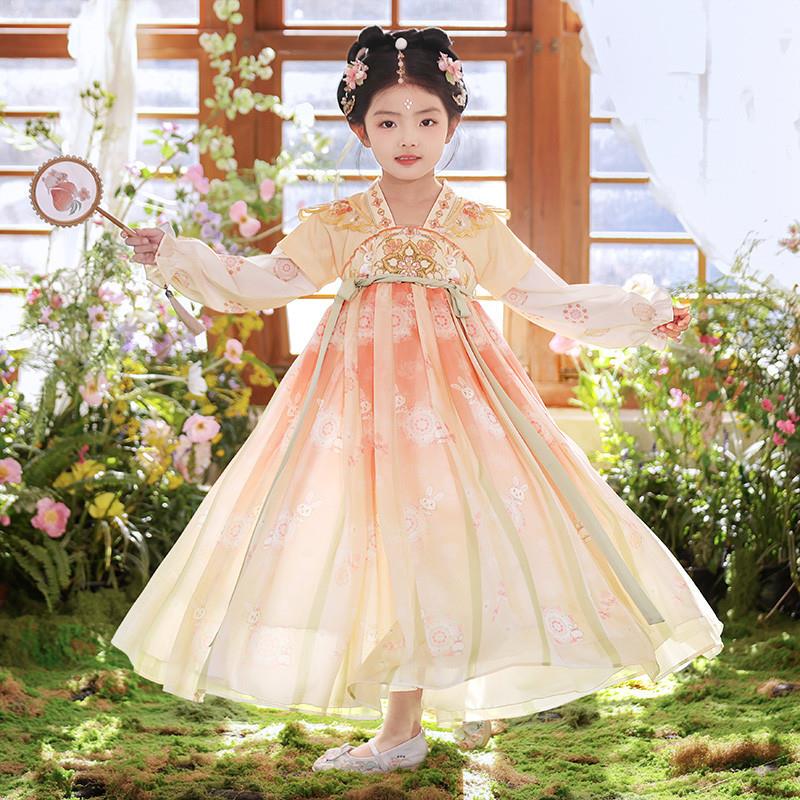 British Ntyuk Hanfu for Girls, Spring and Autumn Children's Ancient Style Mid-Autumn Festival Costume Dress, Tang Suit Princess Dress