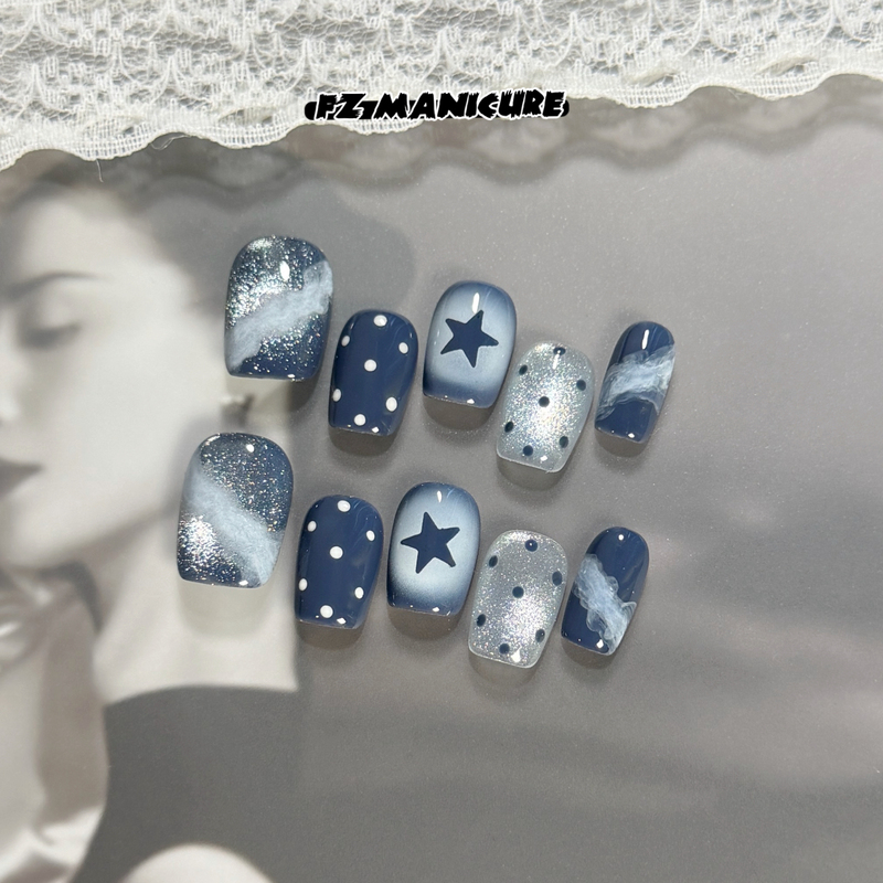 Fz Original Wearable Nails Pure Handmade Polka Dot Starry Sky Blue Cat Eye Wearable Nails Cool Style Niche Whitening Nail Stickers