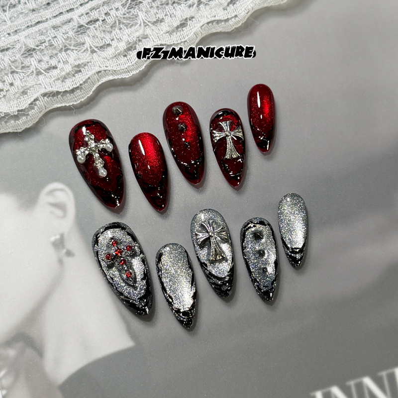 Fz Original Wearable Nails Purely Handmade Wine Red Cat Eye Black Silver Contrast Wearable Nails Cool Tone Deep Series Personalized Nail Stickers