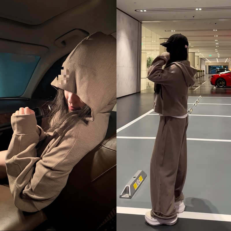 So Good-Looking!! Original Lu Waffle Knit Hooded Sweatshirt, Loose, Lazy, Casual, Versatile Sports Pants Set
