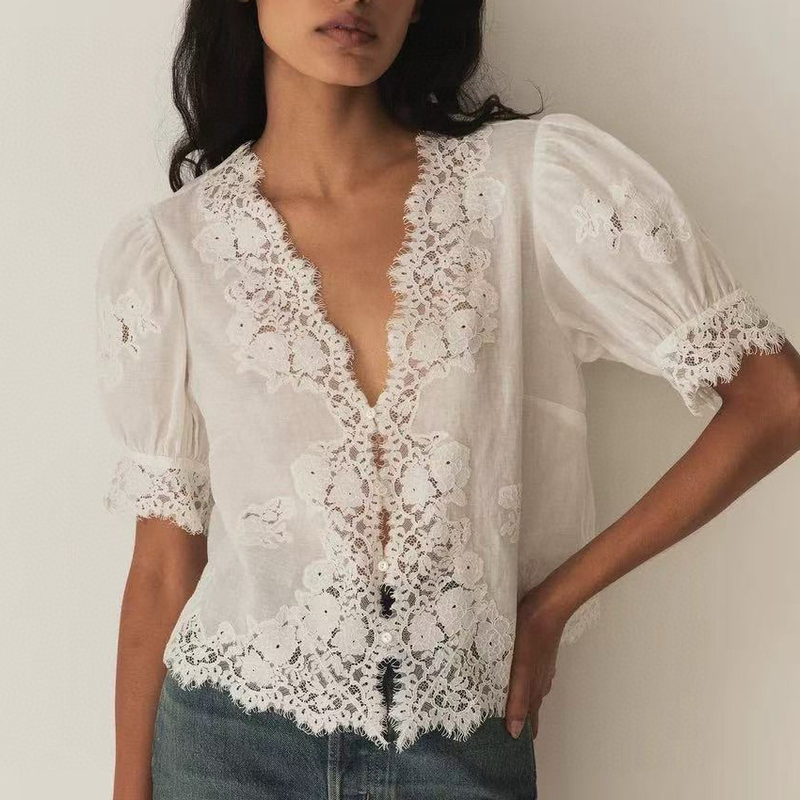 Romance on the Streets of Paris~ French Do*N Sweet Hollow Lace Puff Sleeve Ramie Shirt 080