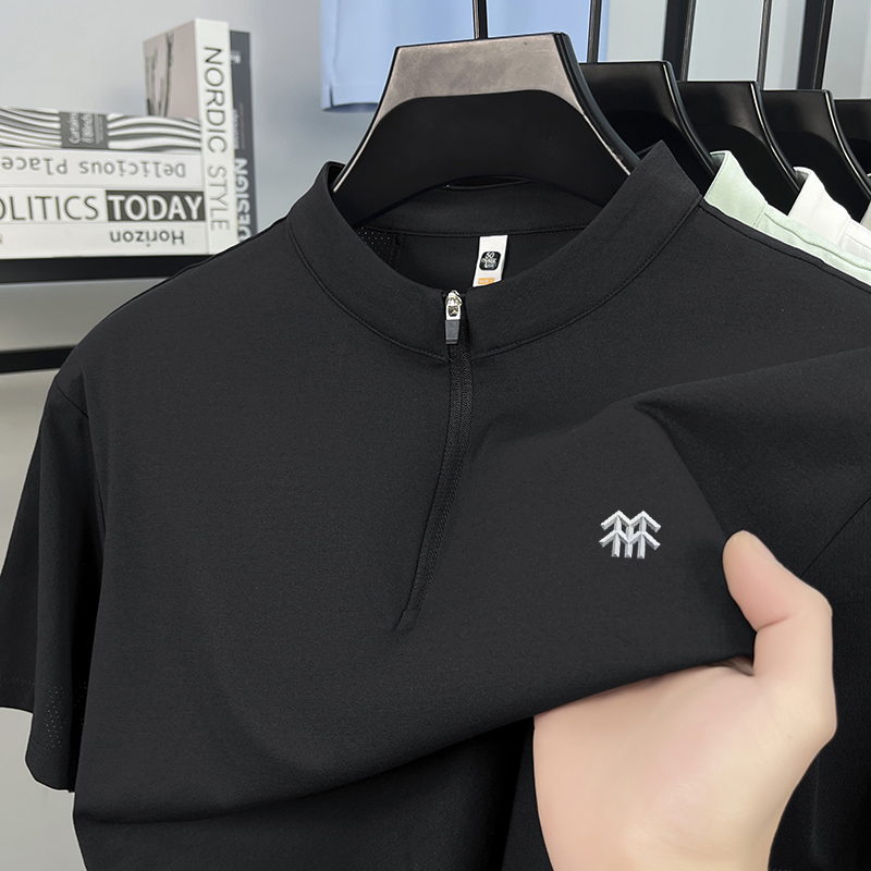 Outlet New Men's Short-Sleeved Ice Silk Stand-Up Collar T-Shirt with Zipper, Sports Casual Breathable Top, Base Layer Shirt