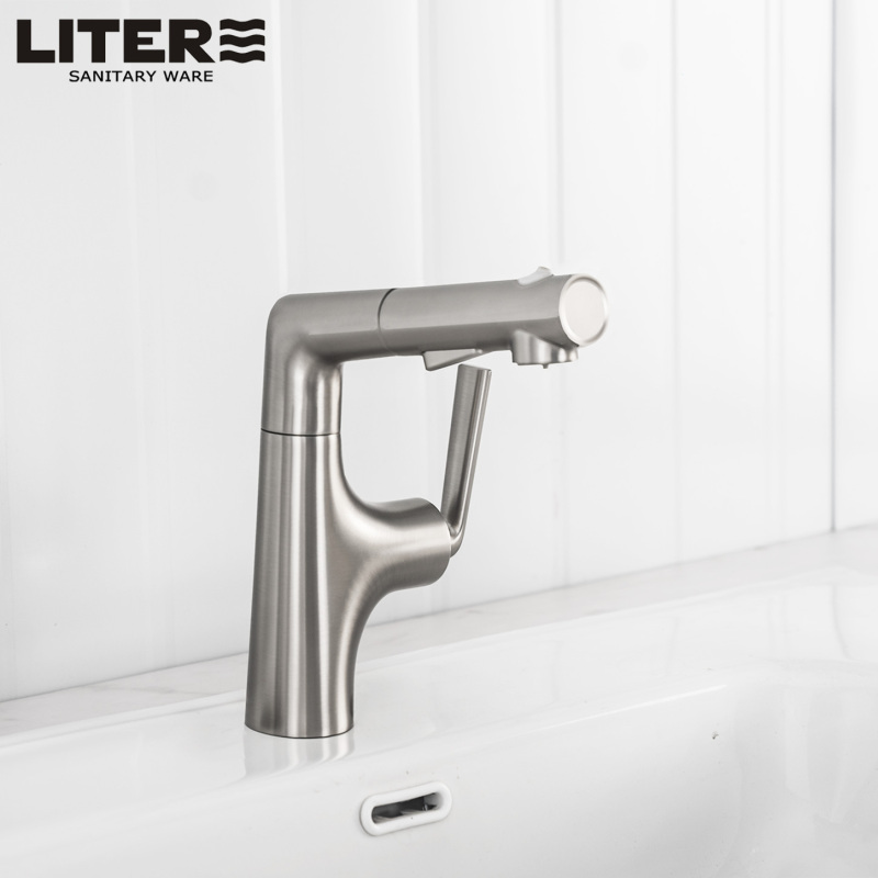 Brushed Nickel Pvd-Plated Full-Function Pull-Out Lift Basin Faucet, Hot and Cold Fine Copper Faucet That Does Not Show Water Stains