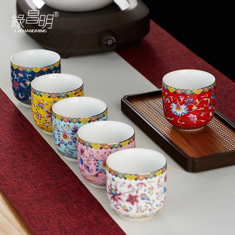 Green Changming enamel color tea cup ceramic master cup large single cup household small tea bowl kung fu tea cup