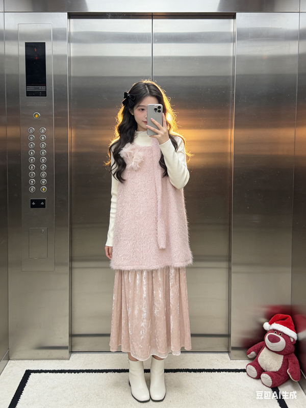 Korean Style Women's Vest Dress Autumn and Winter New Warm Pink Plush Skirt Suit Petite Suit Korean Style Women's Vest Dress Autumn and Winter New Warm Pink Plush Skirt Suit Petite Suit