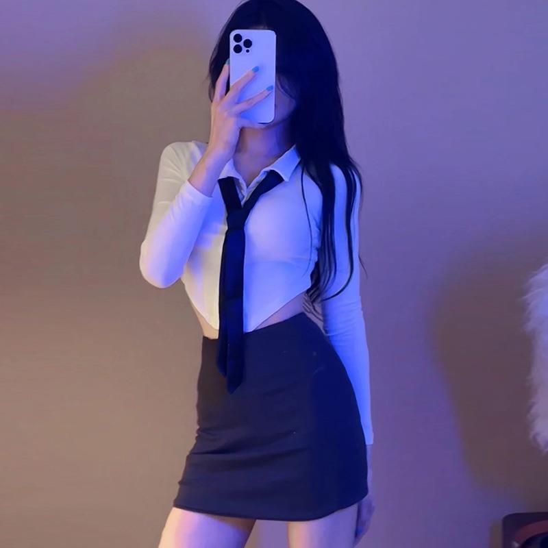 Purely Sexy, Slim-Fitting Short White Shirt Top and Hip-Hugging Skirt Set, Ol Uniform, Foot Massage, Billiards, Ktv Workwear