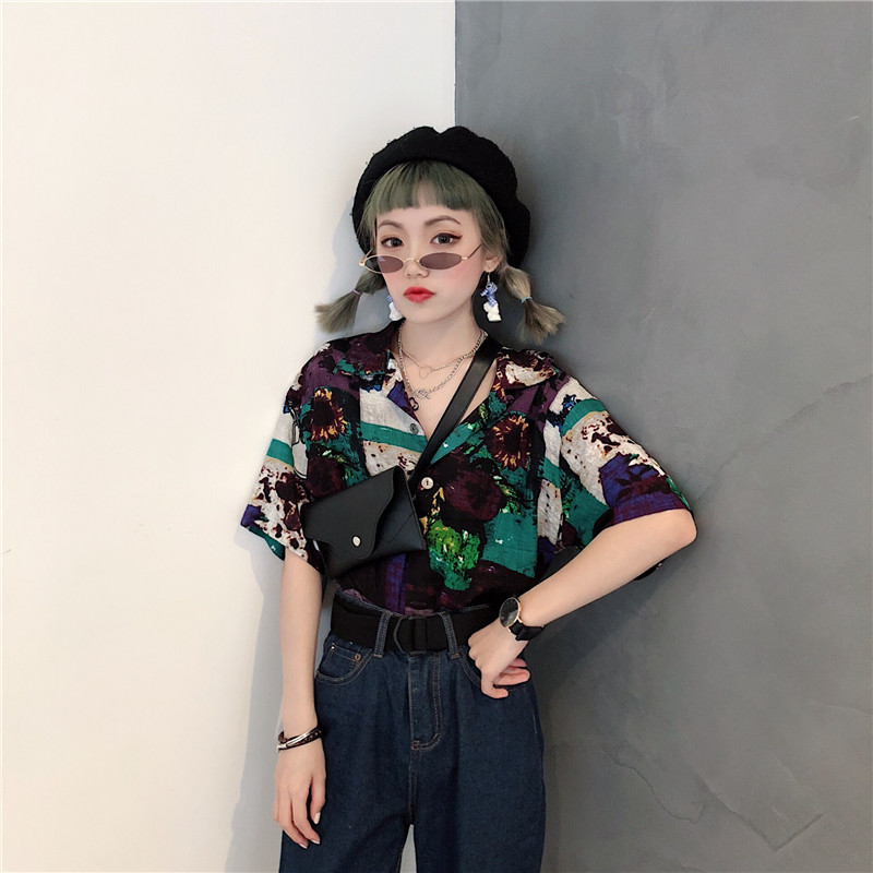 Retro Hồng Kông phong cách chic Hàn Quốc cá tính xu hướng màu áo sơ mi lỏng ngắn tay hoa áo sơ mi vuông cổ áo sơ mi nữ cổng những kiểu áo sơ mi đẹp dành cho người mập