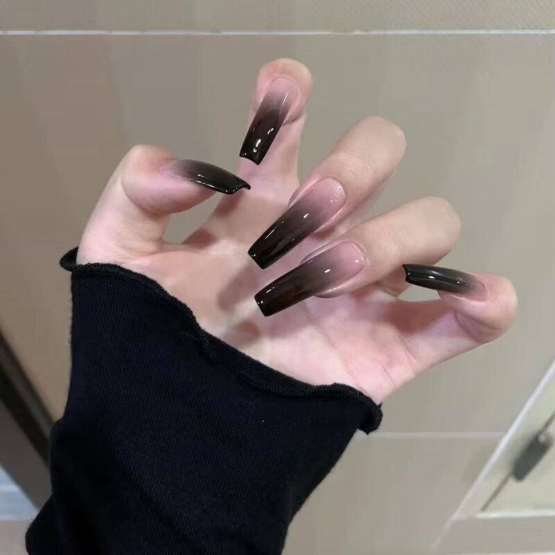 Light Mature Style Black Gradient Wearable Nails Long Solid Color Handmade Nail Patches Fashionable Simple Nude Fake Nails
