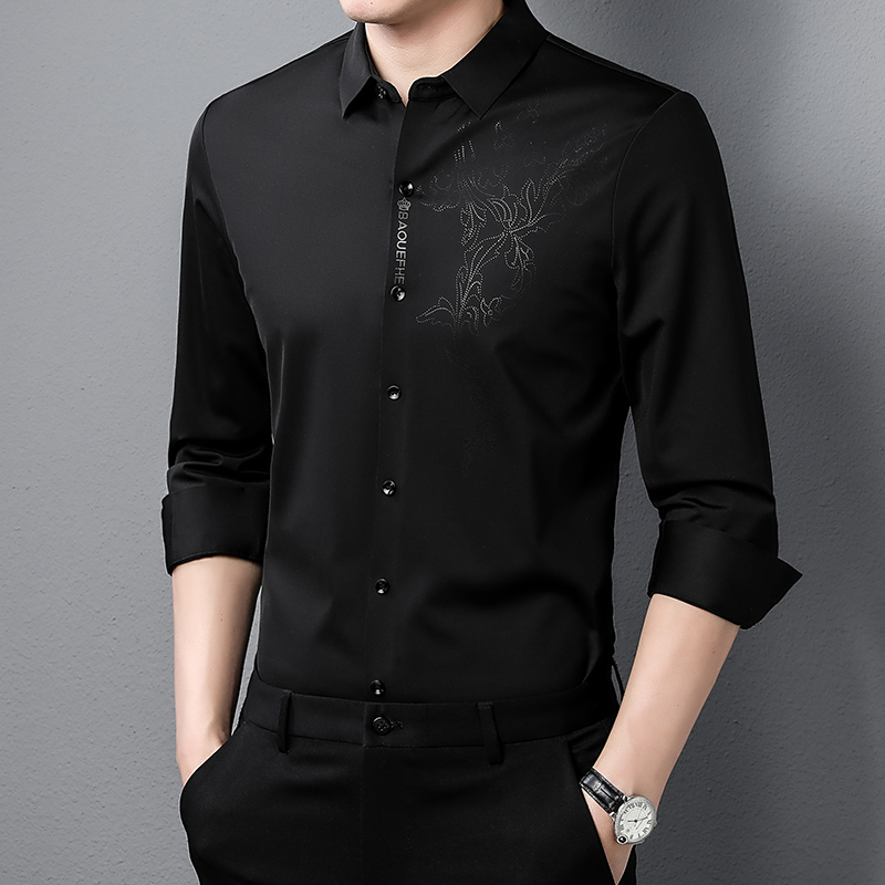 Ordos City Men's Shirt with a High-End Feel, Made of Mulberry Silk, New Long-Sleeve Ice Silk Printed High-End Seamless Stretch Shirt