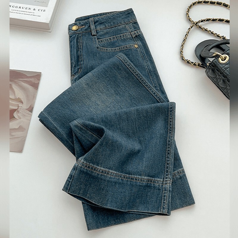 Popular Fleece-Lined Denim Wide-Leg Pants for Women, Autumn and Winter 2026 New Style, High-Waisted, Slimming, Petite, Cropped Straight-Leg Pants