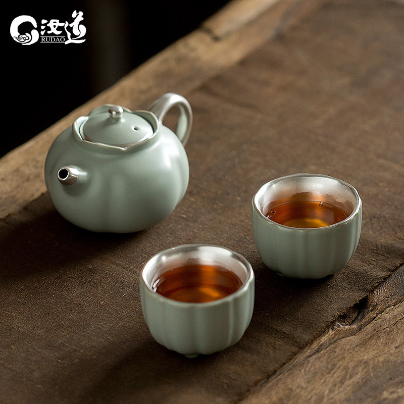 Gilt Silver Tea Set Ru Kiln One Pot Two Cups Ru Dao Ru Porcelain Open Slice 999 Gilt Silver Kung Fu Tea Set High-end Gift Set