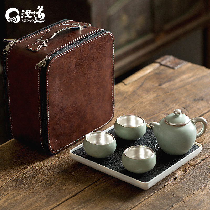 Lime Silver Tea Set Ru Kiln One Pot of Three Cups Ceramic Portable Utiliti Tea Tray Whole of Ru Thu Ru Porcelain Gift