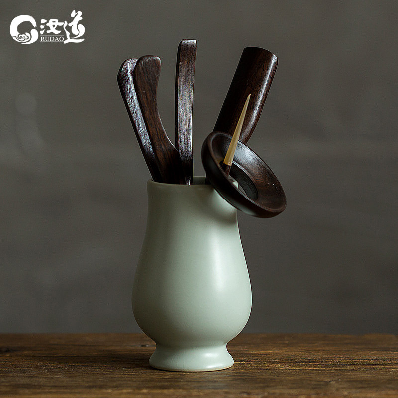 Ceramic Ru Kiln Tea Ceremony Six Gentlemen Blue and White Porcelain Tea Caddy Tea Making Tool Ebony Tea Needle Tea Holder Teaspoon Combination