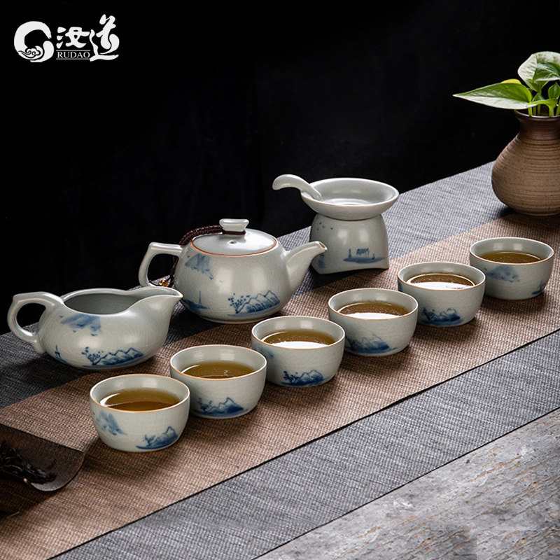 Blue and white porcelain hand-painted Ru Kiln tea set Ru Tao Ru Porcelain open piece Kung Fu tea set High-grade teacup Teapot gift box