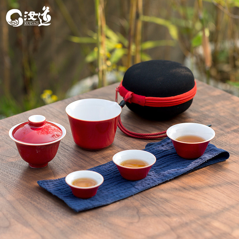 Cover bowl of fast-passenger cup ceramic travel kung fu tea set portable package Japanese colored glazed white porcelain tea set small suit