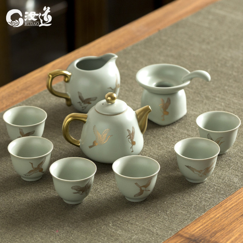 Ru kiln painted gold crane kung fu tea set set household Ru Dao Chinese simple ceramic high-end Ru porcelain tea set gift