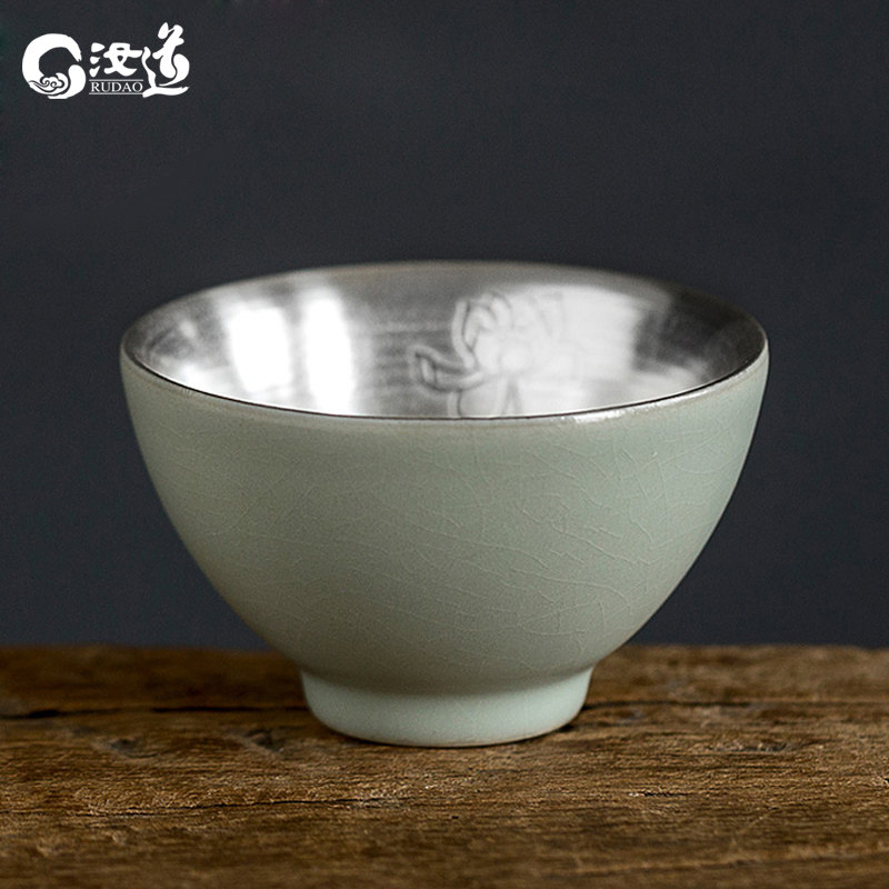 Yu kiln silver cup opened Yu porcelain tea set pure silver relief master cup ceramic personality tea lap