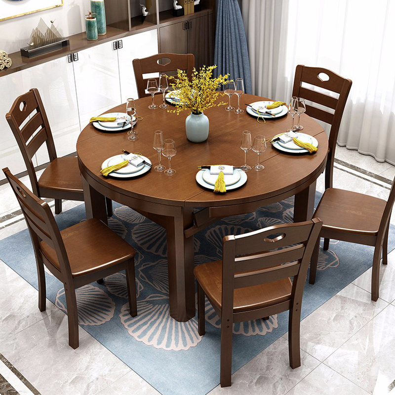 All solid wood dining table Small household round table retractable folding modern simple dining table Round dining table and chair combination