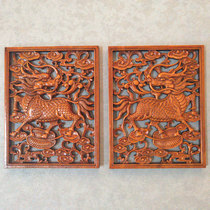 Dongyang wood carving camphor solid wood crafts Chinese antique decoration pendant hanging screen background wall hanging unicorn pair