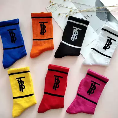 Four double spring summer women's tide in the tube cotton sports thin Korean Net red INS letter TB bubble socks