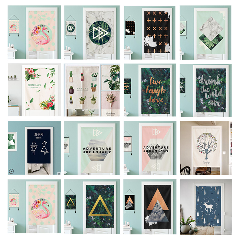 logo customised cotton linen door curtain partition window Home Kitchen Living Room Door Curtain Free of perforated curtains Green leaf Nordic modern