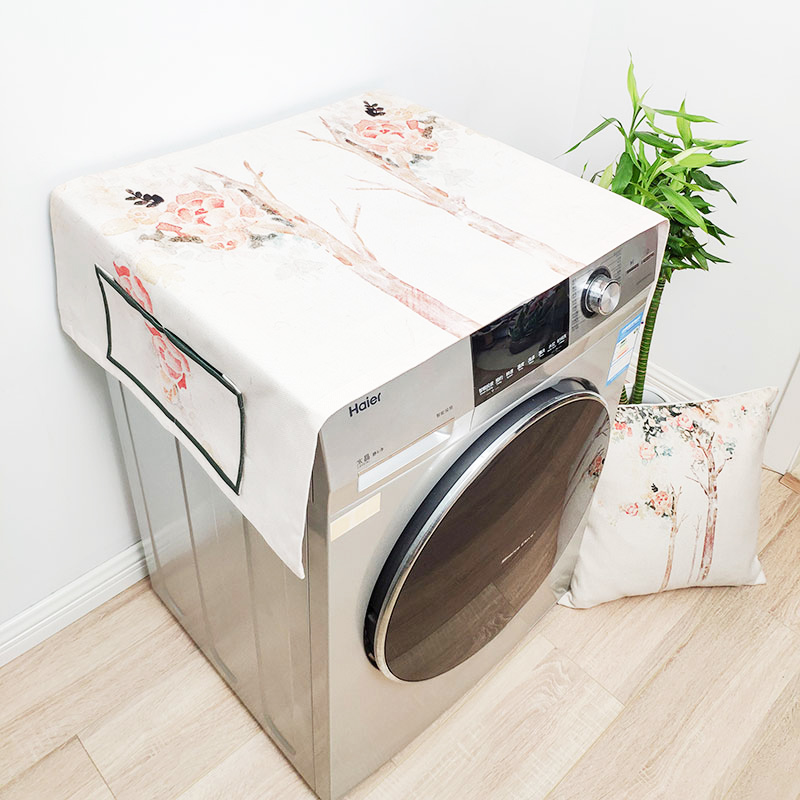 Washing machine cover cloth fridge cover microwave dust cover cotton linen sunscreen thickened cover cloth hand painted tree dust resistant gaib