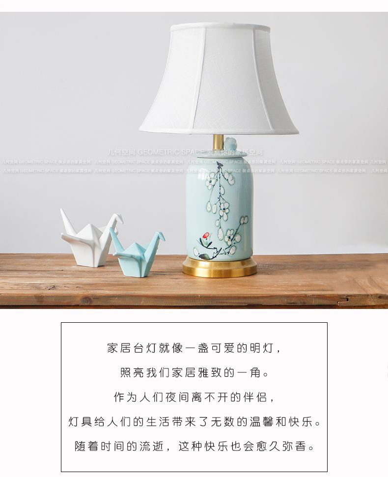 New Chinese style hand - made zen greengage bird ceramic desk lamp villa living room sofa Angle of several copper lamp of bedroom the head of a bed