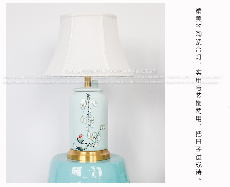 New Chinese style hand - made zen greengage bird ceramic desk lamp villa living room sofa Angle of several copper lamp of bedroom the head of a bed