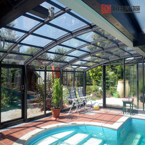 New swimming pool villas electric telescopic mobile folding sun light house glass roof broken bridge aluminium clad wood system doors and windows
