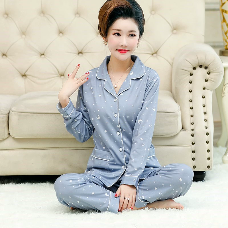 Bộ đồ ngủ mùa xuân và mùa hè cho phụ nữ trung niên và cao tuổi cotton thuần dài tay dài tay mẹ chồng người mẹ trung niên mỏng áo nịt phục vụ tại nhà - Pyjama