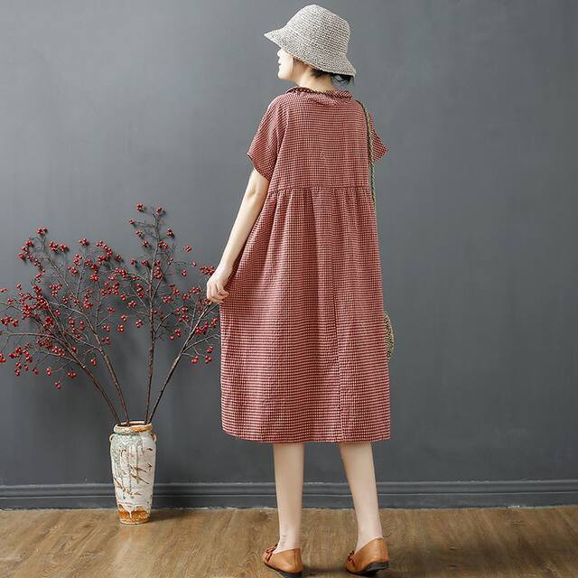 Literary fan retro plaid cotton and linen dress women's summer new loose belly-covering linen mid-length shirt skirt