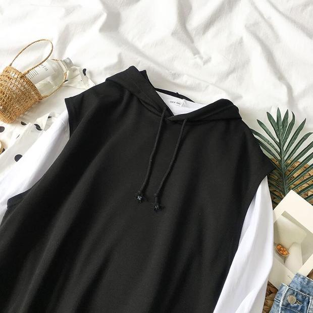 Bộ đồ mùa thu nữ 2018 mới của nữ sinh viên Hàn Quốc áo vest trùm đầu + áo thun dài tay hai dây phù hợp với bạn gái áo thun nữ form rộng dễ thương