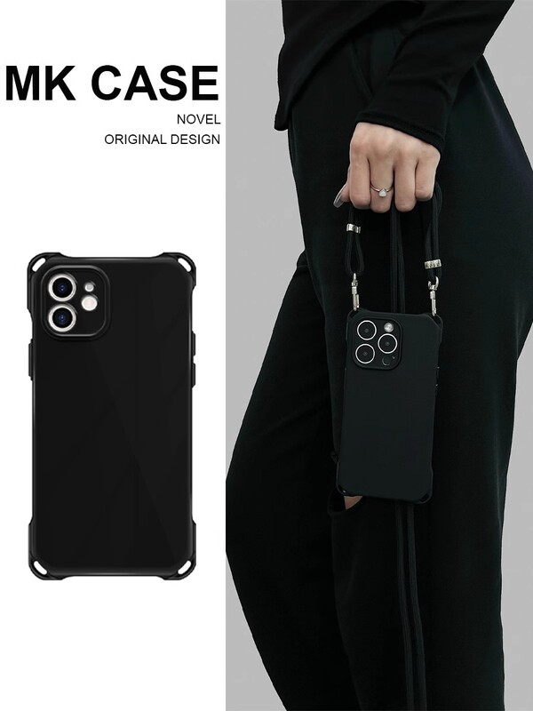 Black High-End Four-Corner Cutout Phone Case with Lanyard for iPhone 17/14 Pro Max/16, Crossbody Strap for iPhone 13 Pro/15, Adjustable Cotton Strap for iPhone 12, Single Shoulder Neck Strap for iPhone 11, Niche Style for Women