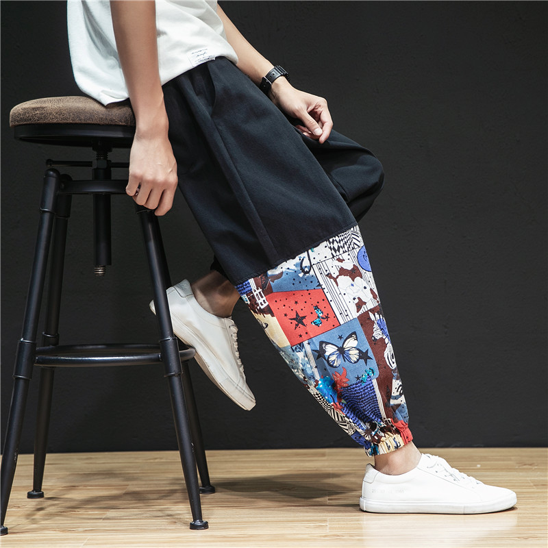 Chinese style linen pants men's loose large size fat man's leggings bloomers casual long pants trend men's straight pants
