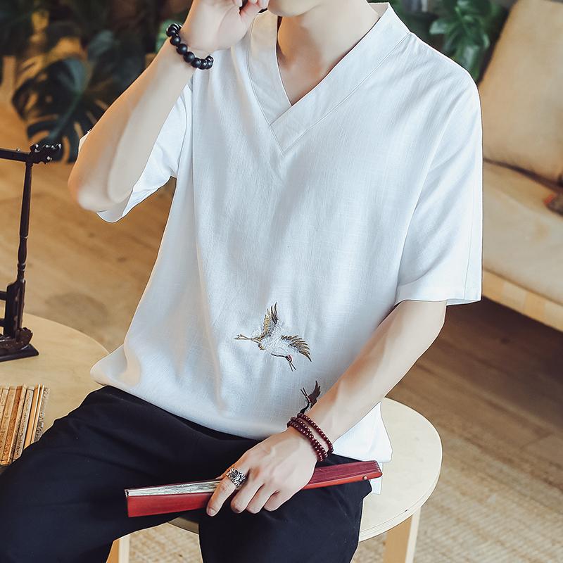 Antique Hanfu men's summer Chinese style linen V-neck short-sleeved men's t-shirt loose crane embroidery half-sleeve top clothes