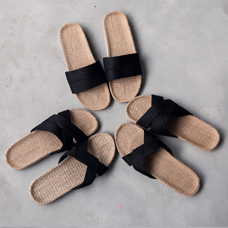 Chinese style summer linen woven men's slippers retro Chinese casual breathable horse linen non-slip home sandals
