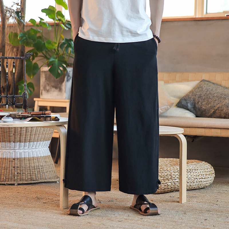 Linen Casual 90% Pants Male China Wind Retro Disc Buckle Loose Broadlegged Pants Trendy Chinese Hanfu Straight Drum Pants