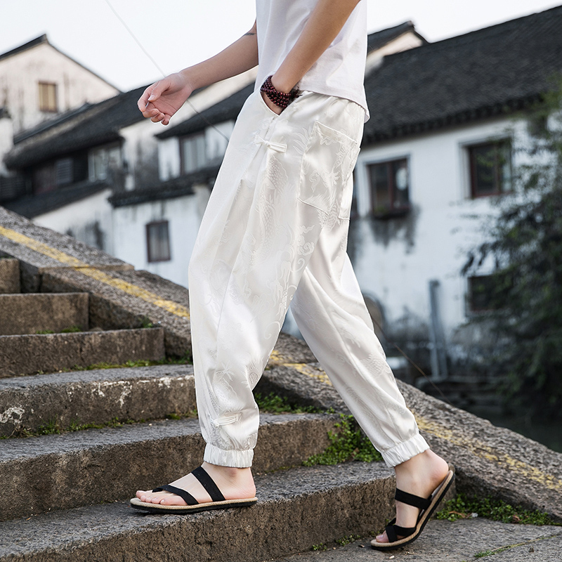 China Wind Loose Ice Silk Casual Pants Chinese Style Retro Style Hanfu Kharen Long Pants Men's Trend Broadlegged Pants Sports Pants