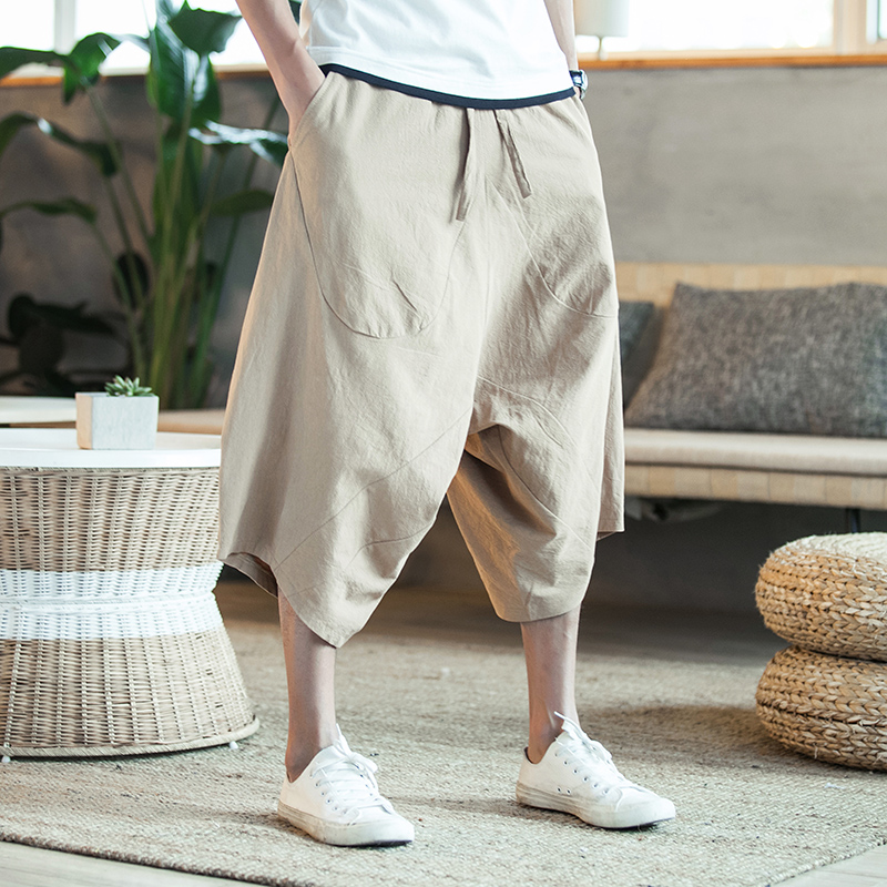 Shorts men's retro trend big crotch low crotch baggy pants fat loose large size linen cropped pants Chinese style men's pants summer