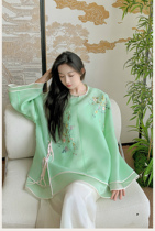 Chuanxian Green Sandbank) #609) original design hand embroidered endless summer round neck top new Chinese style national style womens round neck