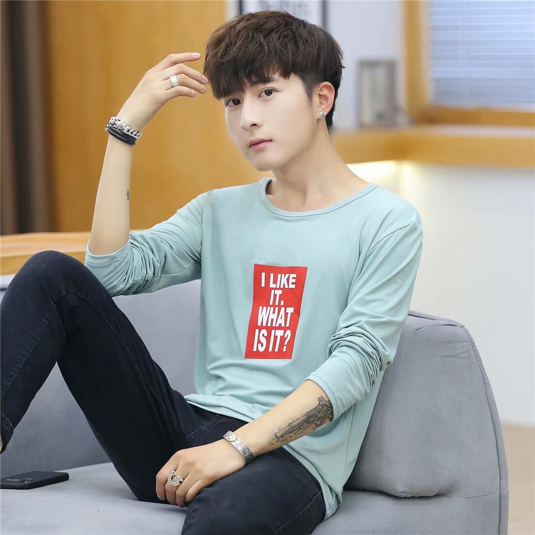 Áo thun nam tay dài Áo thun nam xu hướng mùa thu cổ tròn áo sơ mi cổ lọ học sinh lửng tay áo 7 điểm nam áo thun lạnh nam
