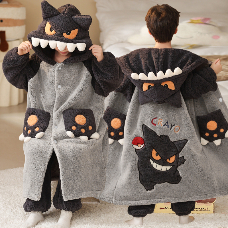 Gengar Children's Pajamas for Boys, Autumn and Winter Coral Fleece Mid-Length Robe, Boys' Cartoon Loungewear Set with Hood