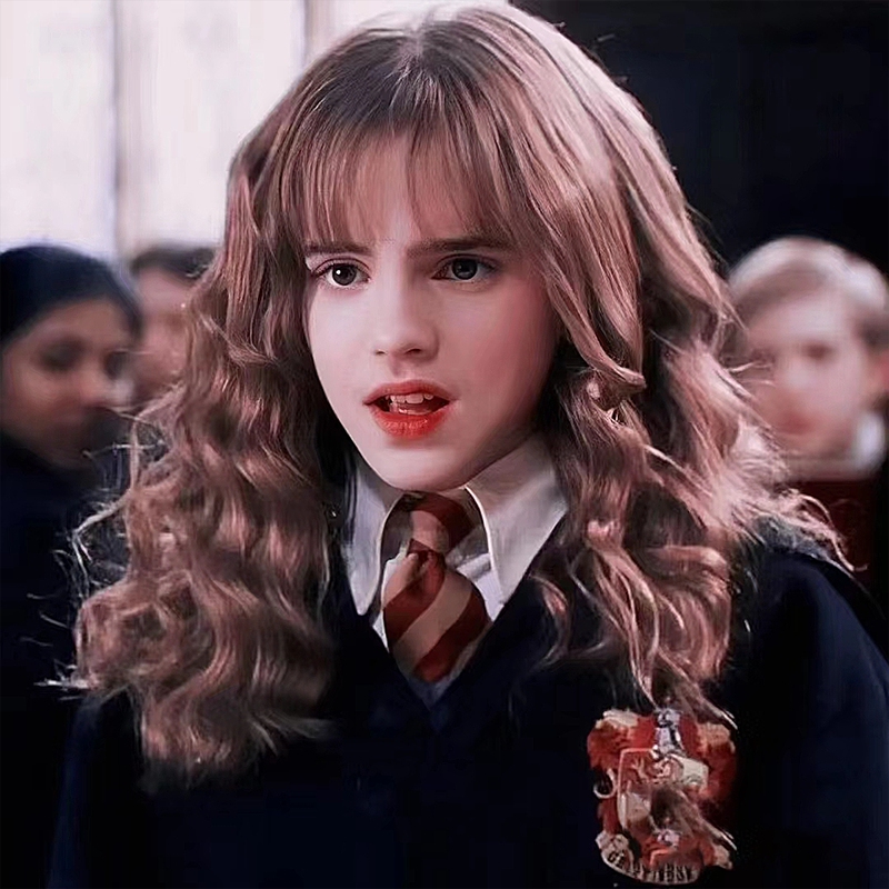 Christmas Wig for Female Hermione Cosplay, Long Curly Hair, Vintage Air Bangs, Corn Perm, Wool Curls, Fluffy Full Wig