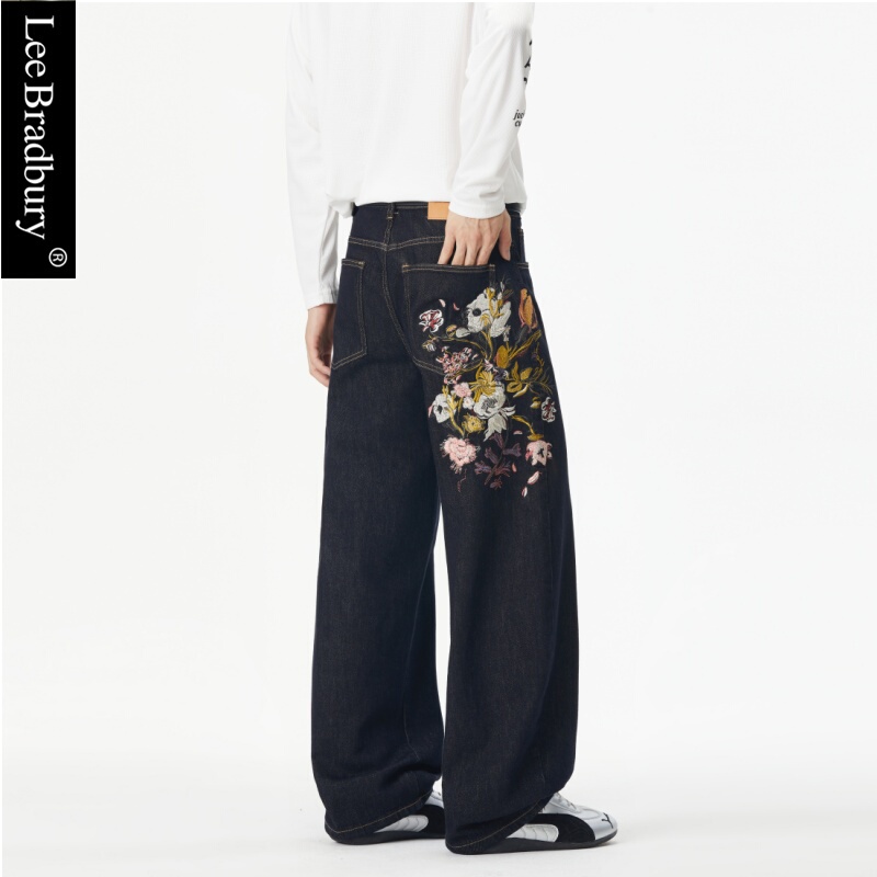 Lee Bradbury Heavy-Duty Floral Embroidery Original Color Jeans Men's Trendy Brand Back Pocket Embroidered Loose Scimitar Pants