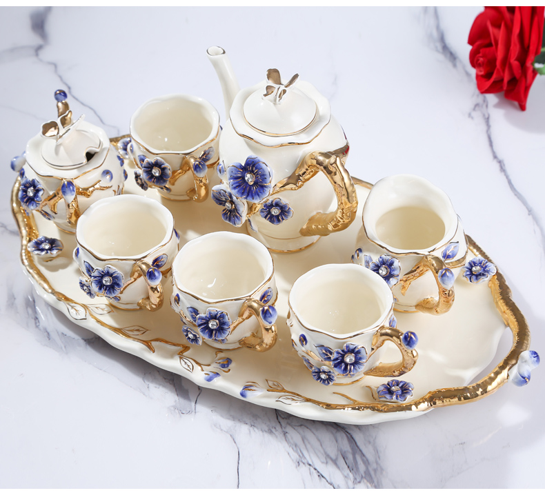 Fort SAN road new royal blue name plum flower series European ceramic tea set suit sitting room place, a wedding present for girlfriends