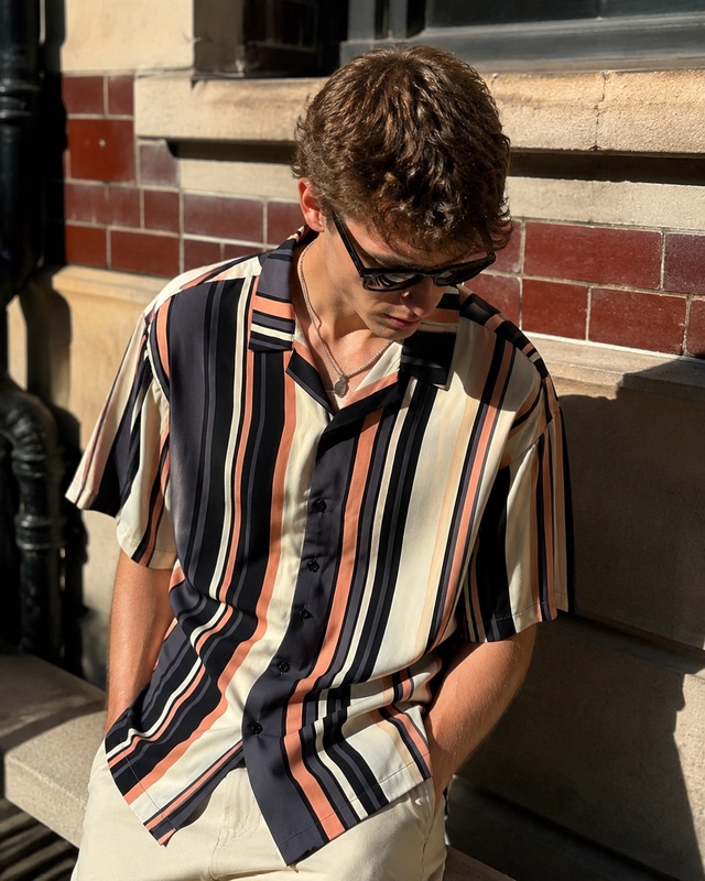 Foreign Trade Large Size Rayon Summer Short-Sleeved Striped Shirt