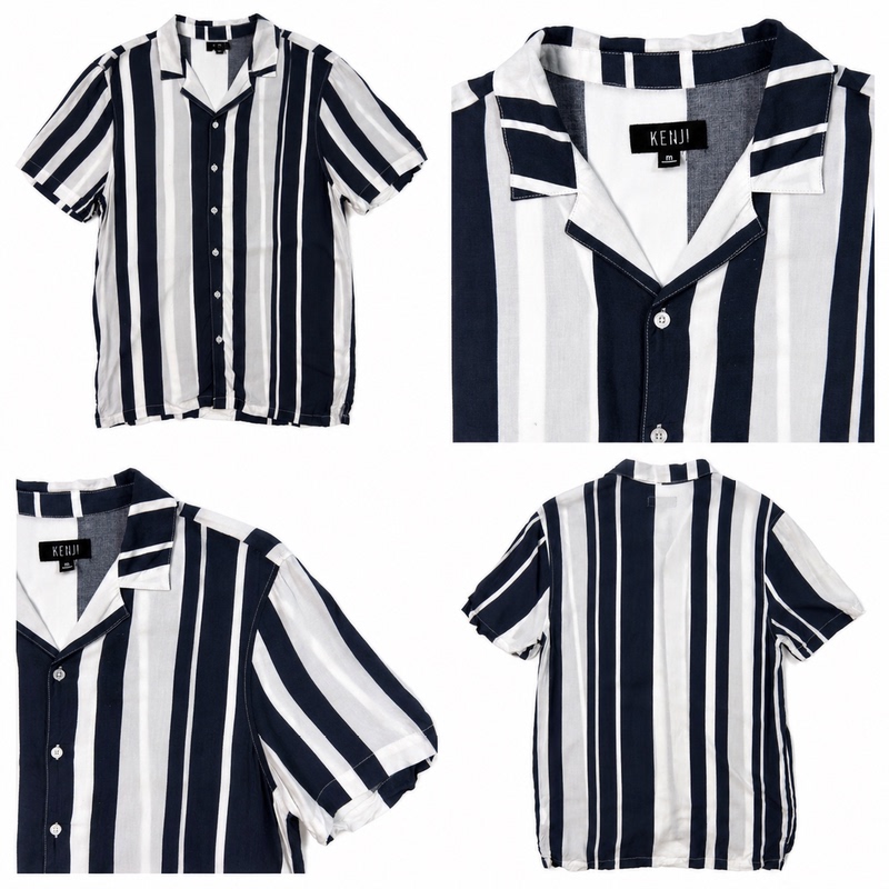 Foreign Trade Rayon Summer Cuban Collar Short-Sleeved Shirt Striped T-Shirt
