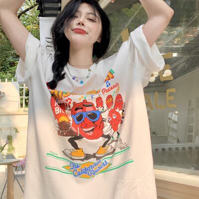 A mid-length T-shirt with cartoon graffiti for women's bottom, a new summer style of ins printed pure cotton top with a school style, cool and trendy
