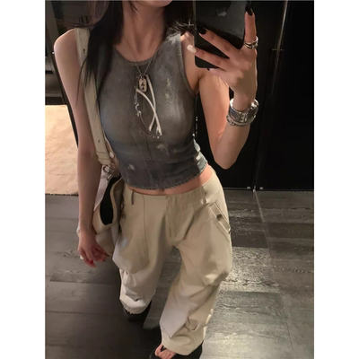 Washed, aged, ripped halter top for women, summer retro American hot girl tight short crop top for outerwear