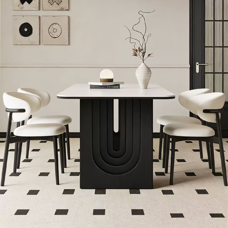 Modern Minimalist Mid-Century Style Black Slate Solid Wood Rectangular Dining Table for Home Use, Suitable for Small Apartments, Dining Table and Chair Set
